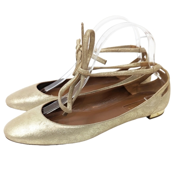 Aquazzura Leather Lace Up Ballet Flats Shoes Womens 39 Gold Designer Luxury - Picture 1 of 10